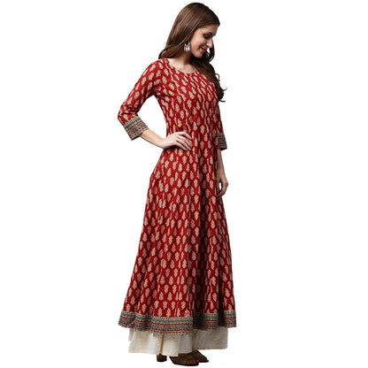 Red Printed 3/4Th Sleeve Cotton Long Anarkali Kurta | LASVINI - Redefining Indian Fashion with Elegance