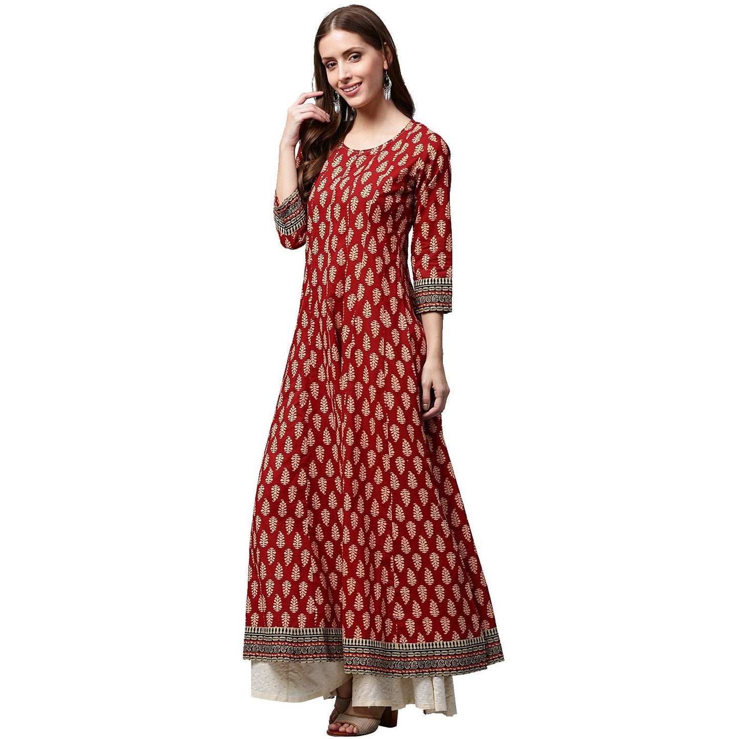 Red Printed 3/4Th Sleeve Cotton Long Anarkali Kurta | LASVINI - Redefining Indian Fashion with Elegance