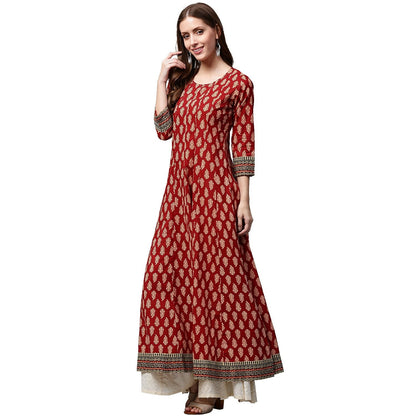 Red Printed 3/4Th Sleeve Cotton Long Anarkali Kurta | LASVINI - Redefining Indian Fashion with Elegance