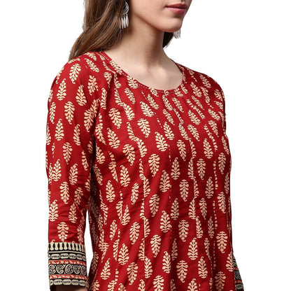 Red Printed 3/4Th Sleeve Cotton Long Anarkali Kurta | LASVINI - Redefining Indian Fashion with Elegance