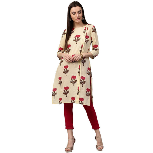 Yellow Flower Printed 3/4Th Sleeve Cotton Kurta | LASVINI - Redefining Indian Fashion with Elegance