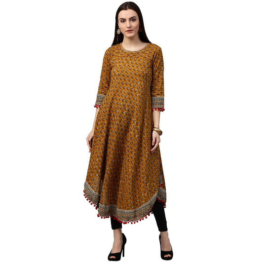 Yellow Printed 3/4Th Sleeve Assymetric Cotton Anarkali Kurta | LASVINI - Redefining Indian Fashion with Elegance