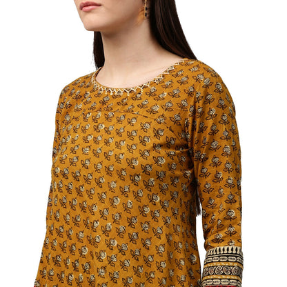 Yellow Printed 3/4Th Sleeve Assymetric Cotton Anarkali Kurta | LASVINI - Redefining Indian Fashion with Elegance