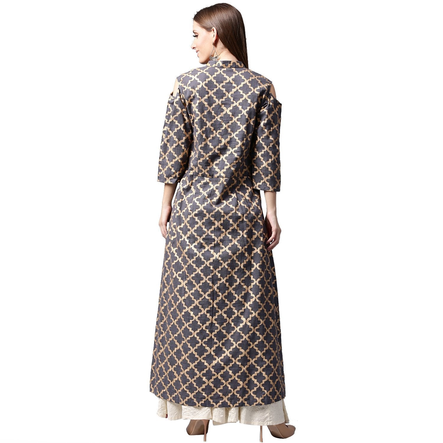 Navy Blue Printed Sleeveless Cotton Front Slit Kurta | LASVINI - Redefining Indian Fashion with Elegance