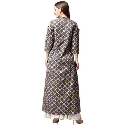 Navy Blue Printed Sleeveless Cotton Front Slit Kurta | LASVINI - Redefining Indian Fashion with Elegance