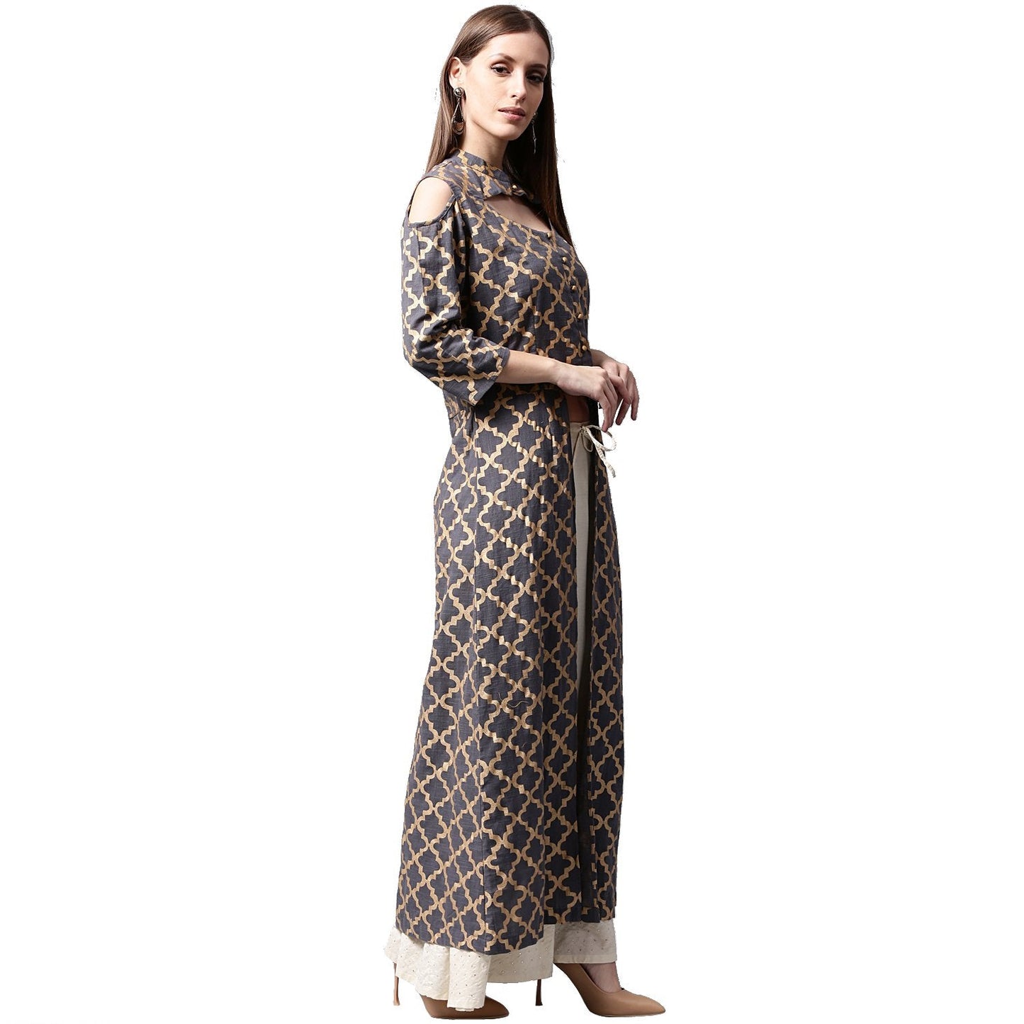 Navy Blue Printed Sleeveless Cotton Front Slit Kurta | LASVINI - Redefining Indian Fashion with Elegance