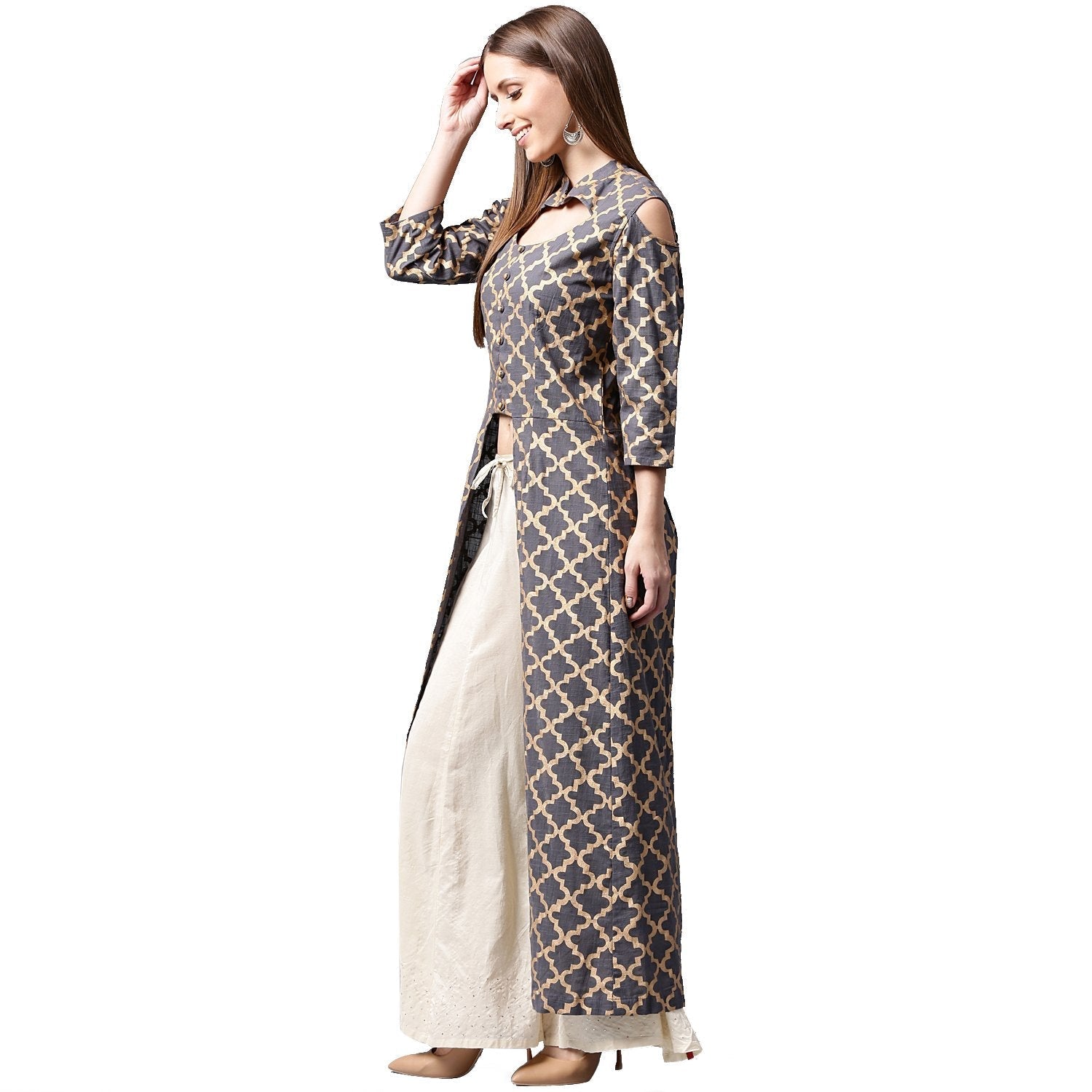 Navy Blue Printed Sleeveless Cotton Front Slit Kurta | LASVINI - Redefining Indian Fashion with Elegance