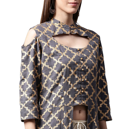 Navy Blue Printed Sleeveless Cotton Front Slit Kurta | LASVINI - Redefining Indian Fashion with Elegance