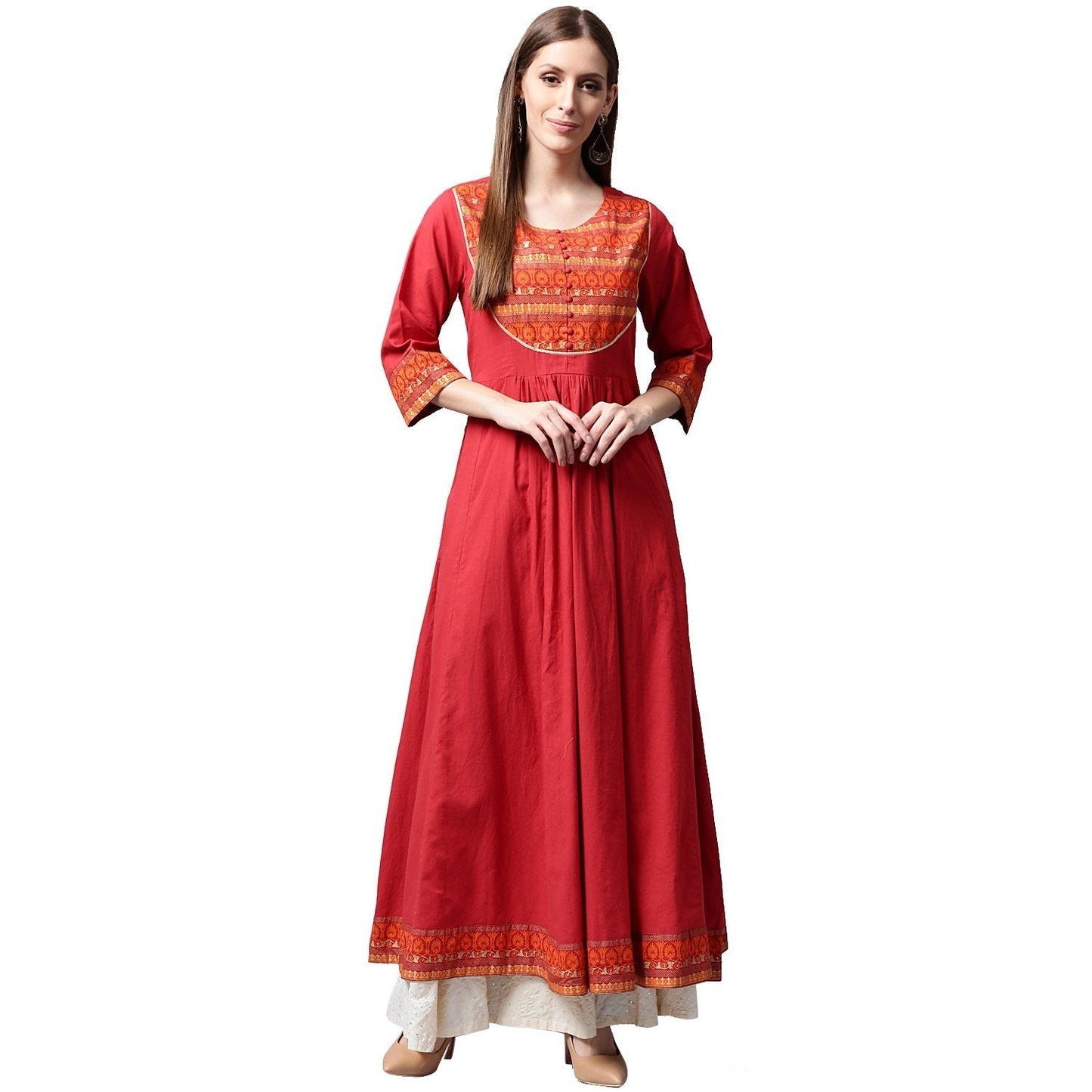 Red 3/4Th Sleeve Cotton Anarkali Kurta With Printed Yoke | LASVINI - Redefining Indian Fashion with Elegance