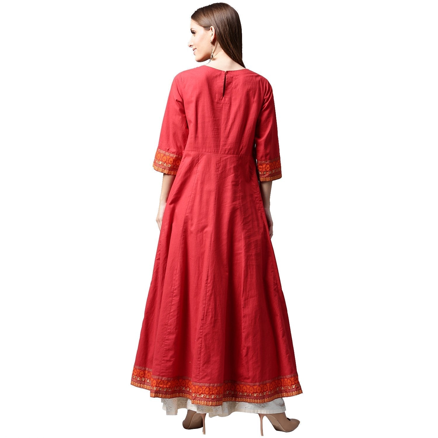 Red 3/4Th Sleeve Cotton Anarkali Kurta With Printed Yoke | LASVINI - Redefining Indian Fashion with Elegance