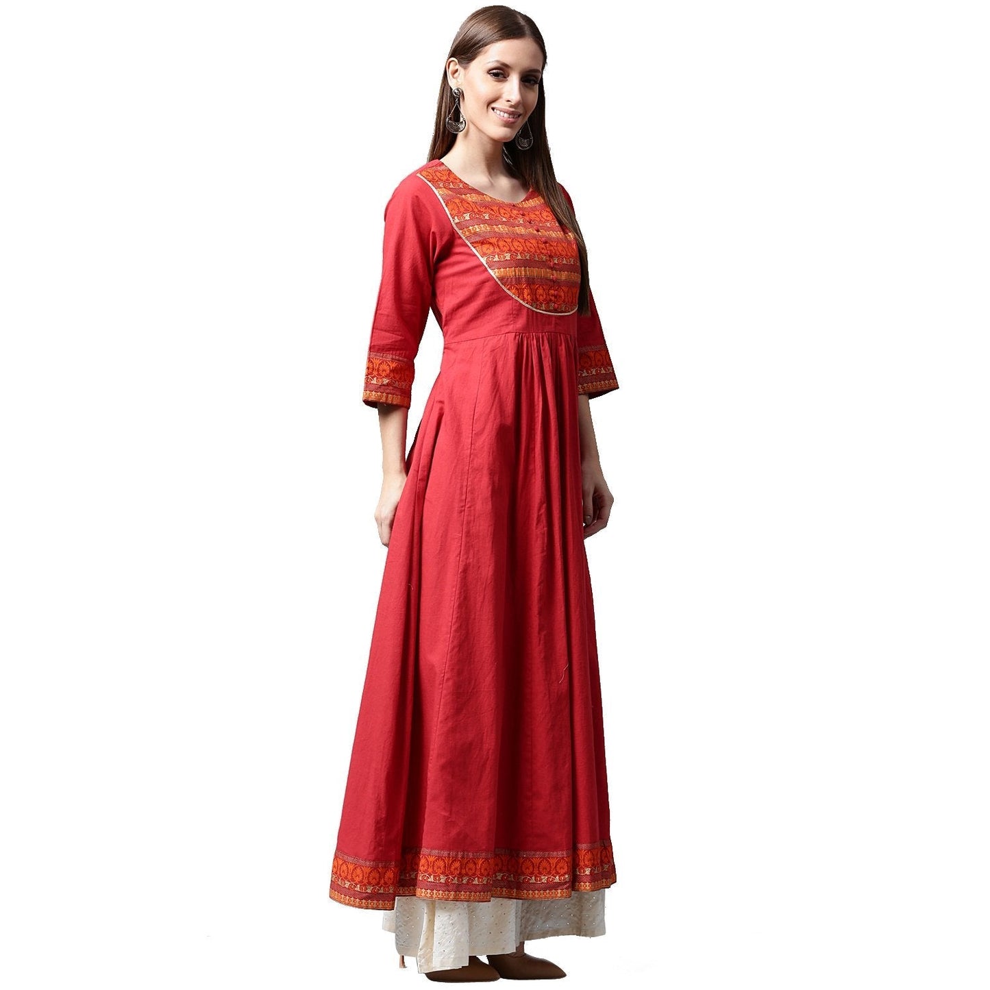 Red 3/4Th Sleeve Cotton Anarkali Kurta With Printed Yoke | LASVINI - Redefining Indian Fashion with Elegance