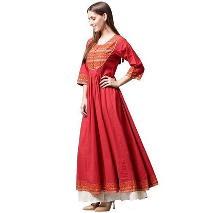 Red 3/4Th Sleeve Cotton Anarkali Kurta With Printed Yoke | LASVINI - Redefining Indian Fashion with Elegance