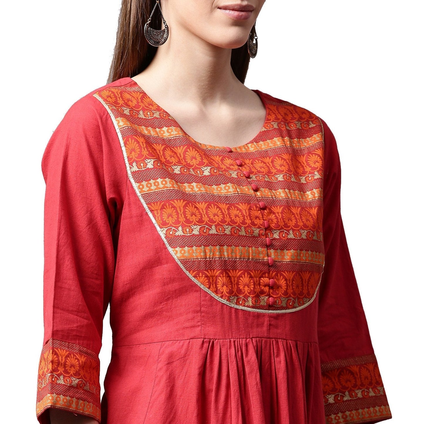 Red 3/4Th Sleeve Cotton Anarkali Kurta With Printed Yoke | LASVINI - Redefining Indian Fashion with Elegance