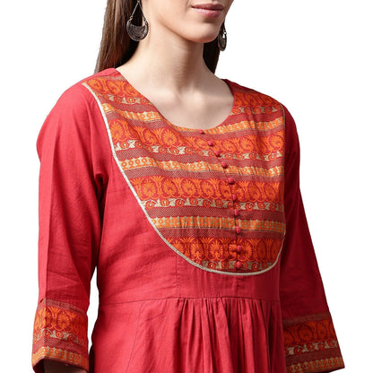 Red 3/4Th Sleeve Cotton Anarkali Kurta With Printed Yoke | LASVINI - Redefining Indian Fashion with Elegance