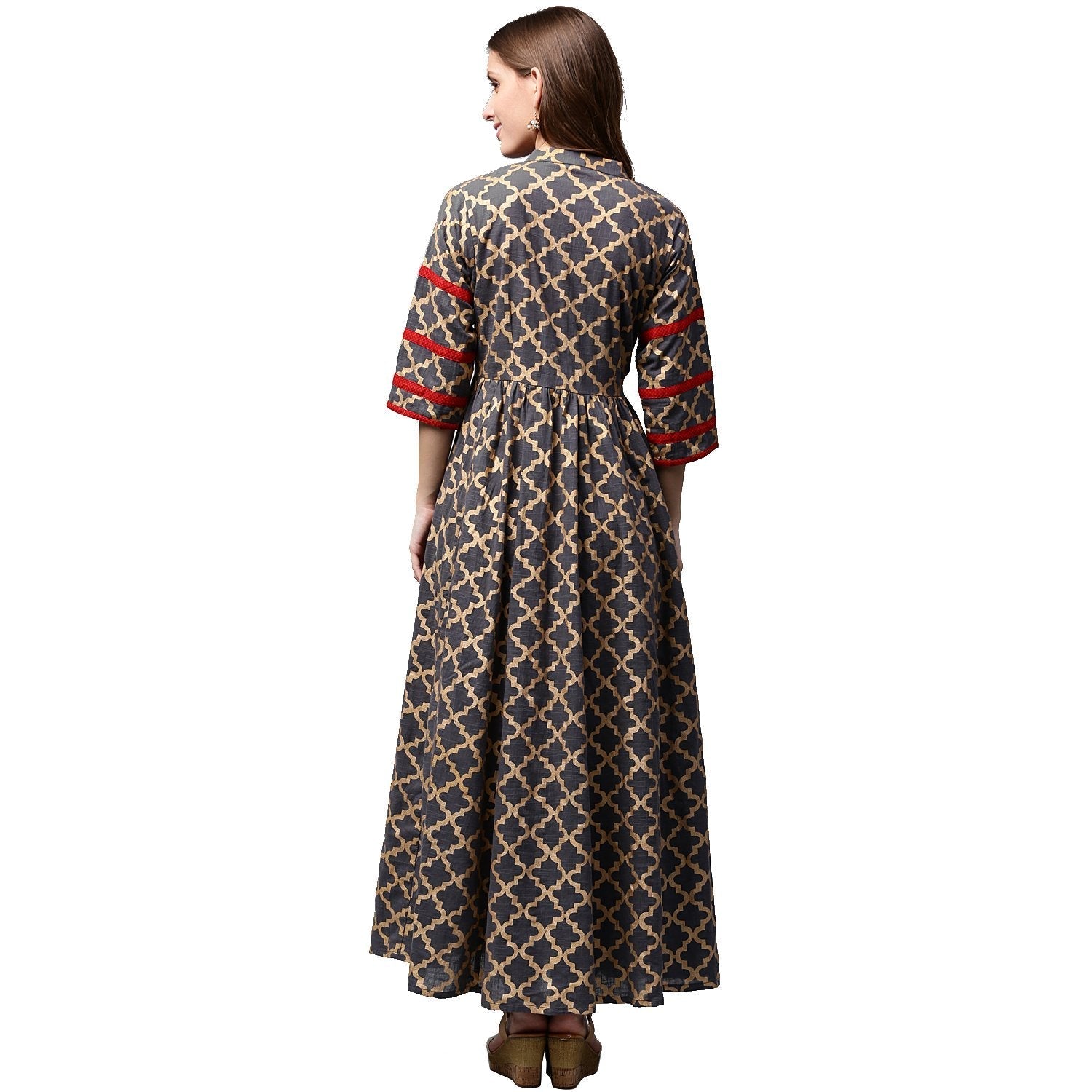 Grey Printed 3/4Th Sleeve Cotton Anarkali Kurta | LASVINI - Redefining Indian Fashion with Elegance