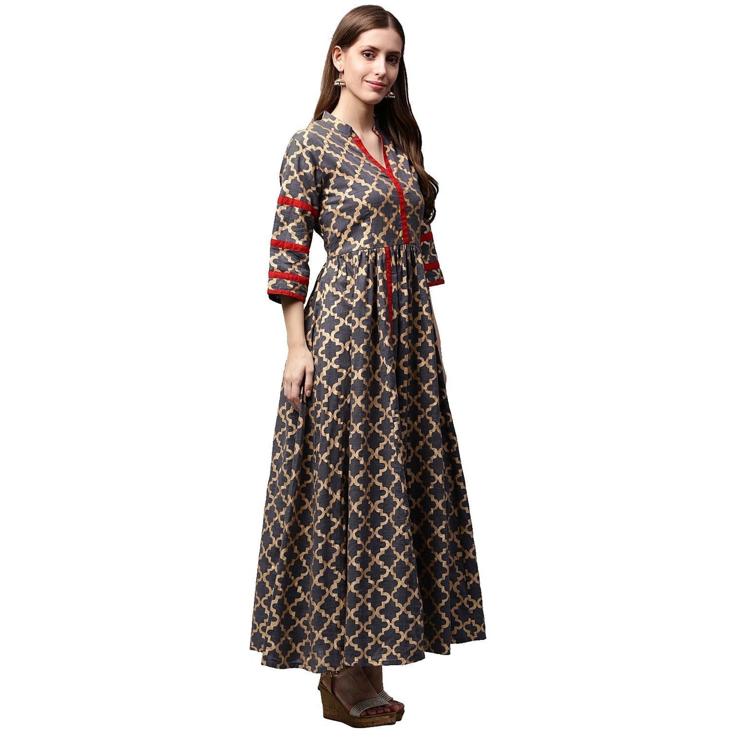 Grey Printed 3/4Th Sleeve Cotton Anarkali Kurta | LASVINI - Redefining Indian Fashion with Elegance