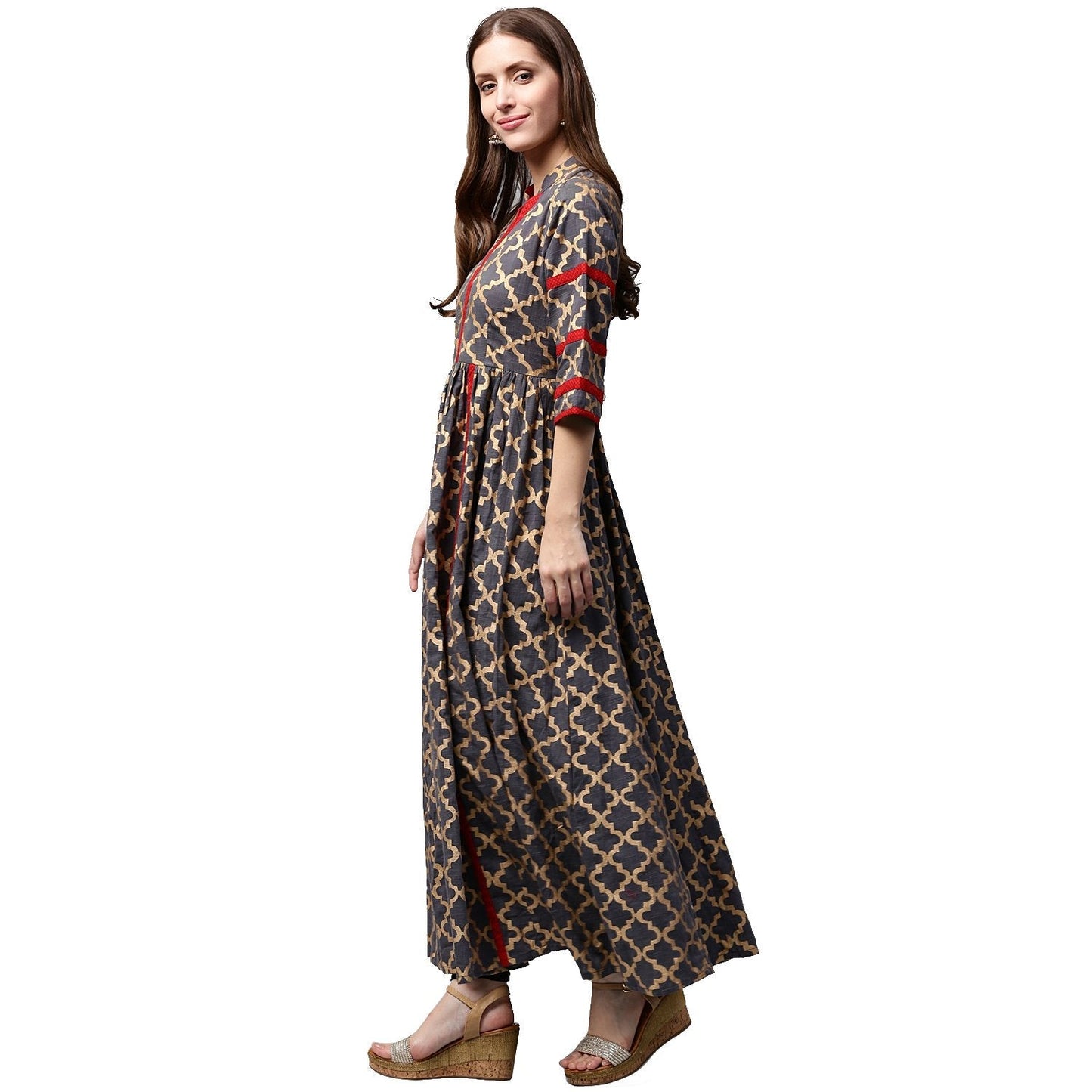 Grey Printed 3/4Th Sleeve Cotton Anarkali Kurta | LASVINI - Redefining Indian Fashion with Elegance