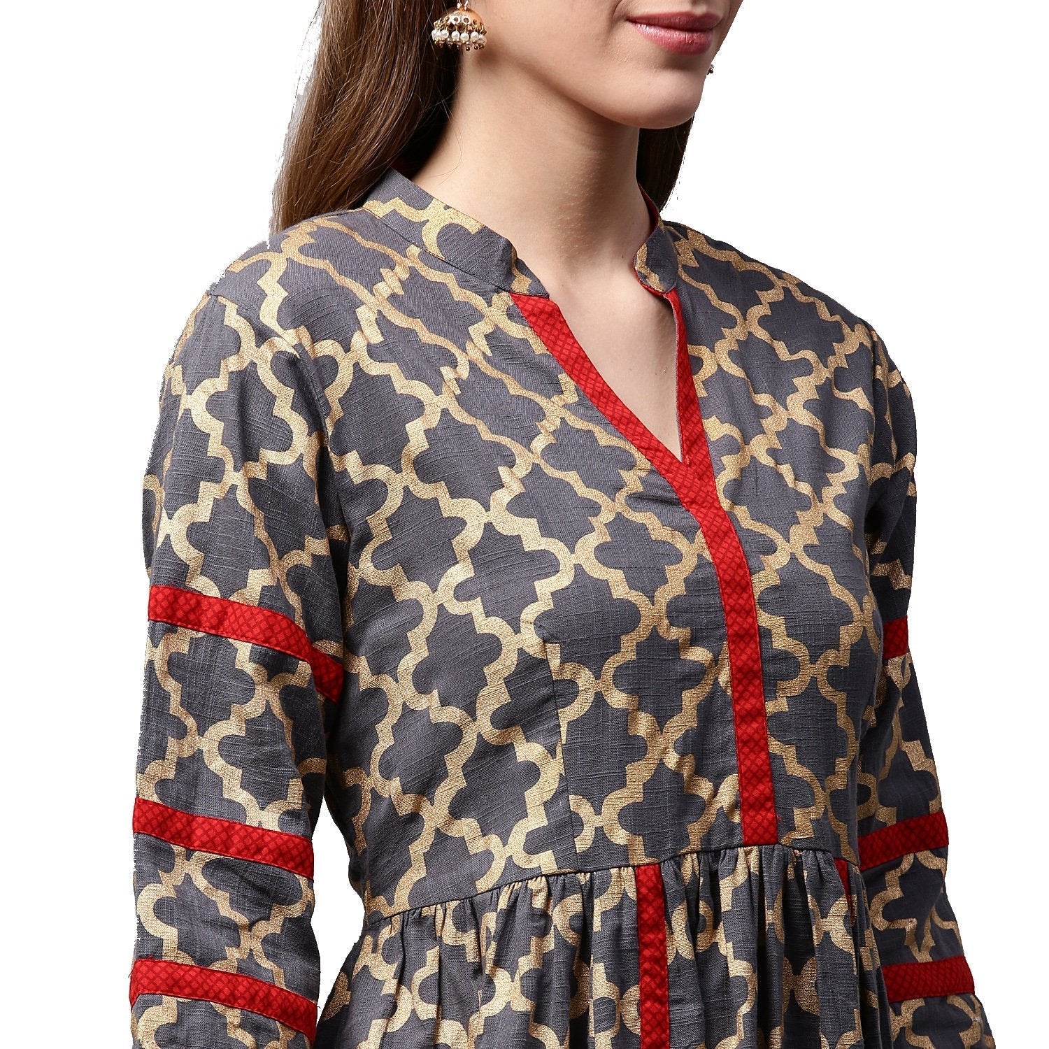 Grey Printed 3/4Th Sleeve Cotton Anarkali Kurta | LASVINI - Redefining Indian Fashion with Elegance