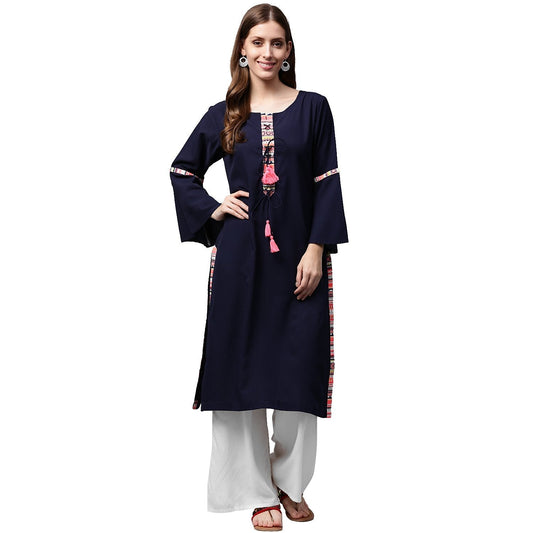 Navy Blue 3/4Th Sleeve Crepe Kurta With Dori Work At Yoke | LASVINI - Redefining Indian Fashion with Elegance
