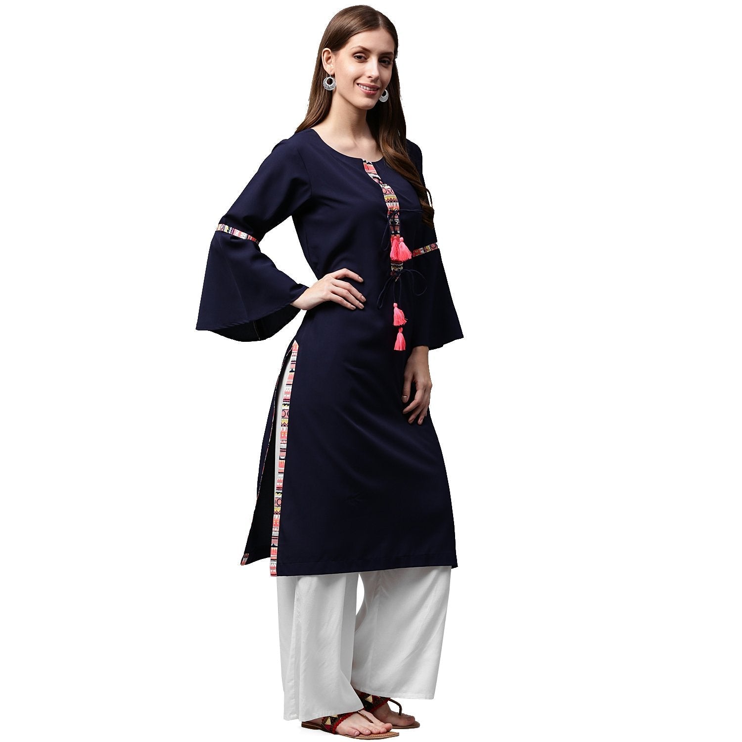 Navy Blue 3/4Th Sleeve Crepe Kurta With Dori Work At Yoke | LASVINI - Redefining Indian Fashion with Elegance