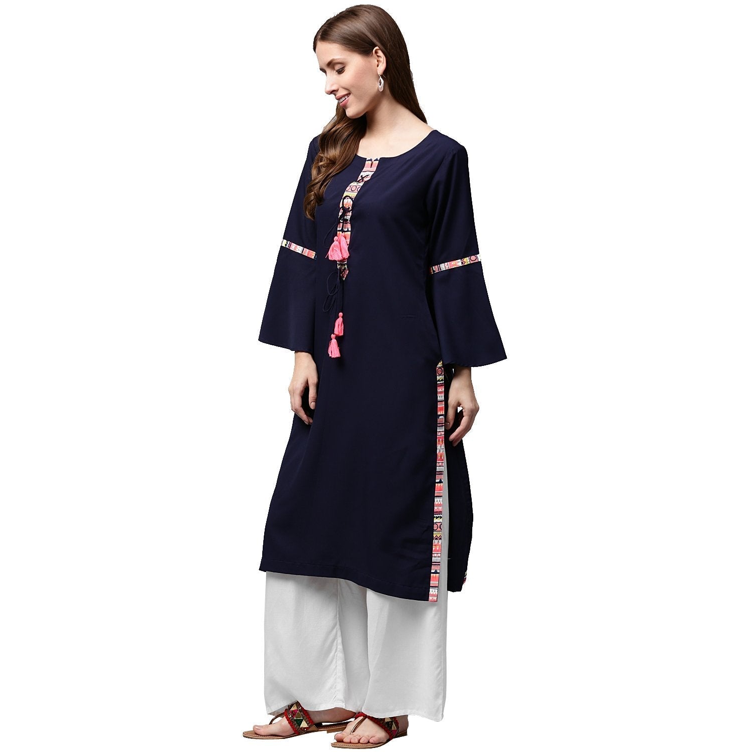 Navy Blue 3/4Th Sleeve Crepe Kurta With Dori Work At Yoke | LASVINI - Redefining Indian Fashion with Elegance