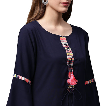 Navy Blue 3/4Th Sleeve Crepe Kurta With Dori Work At Yoke | LASVINI - Redefining Indian Fashion with Elegance