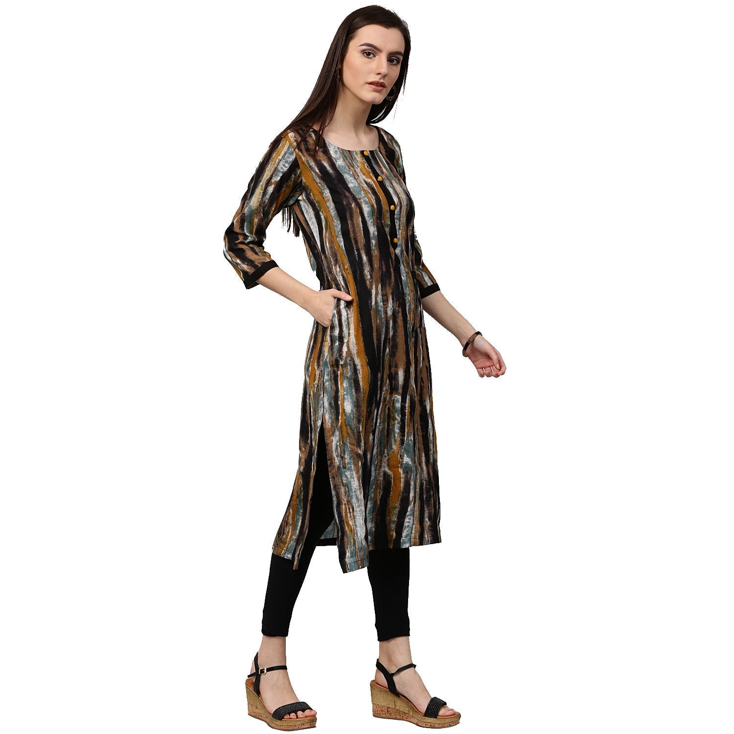 Multi Printed 3/4Th Sleeve Cotton Kurta With Side Pocket | LASVINI - Redefining Indian Fashion with Elegance