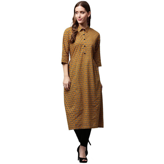 Yellow Printed 3/4Th Sleeve Cotton A-Line Kurta | LASVINI - Redefining Indian Fashion with Elegance