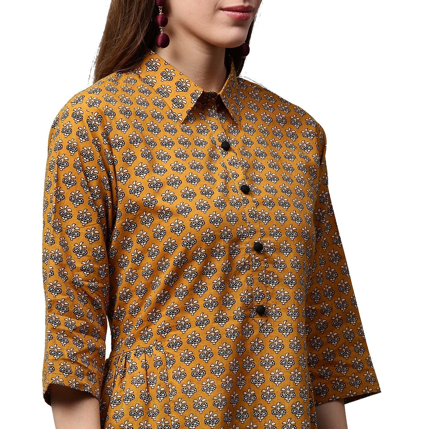 Yellow Printed 3/4Th Sleeve Cotton A-Line Kurta | LASVINI - Redefining Indian Fashion with Elegance