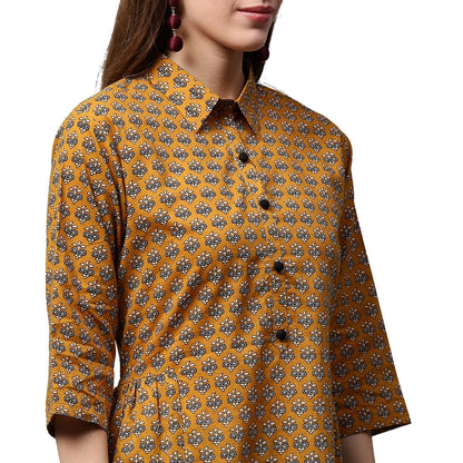 Yellow Printed 3/4Th Sleeve Cotton A-Line Kurta | LASVINI - Redefining Indian Fashion with Elegance