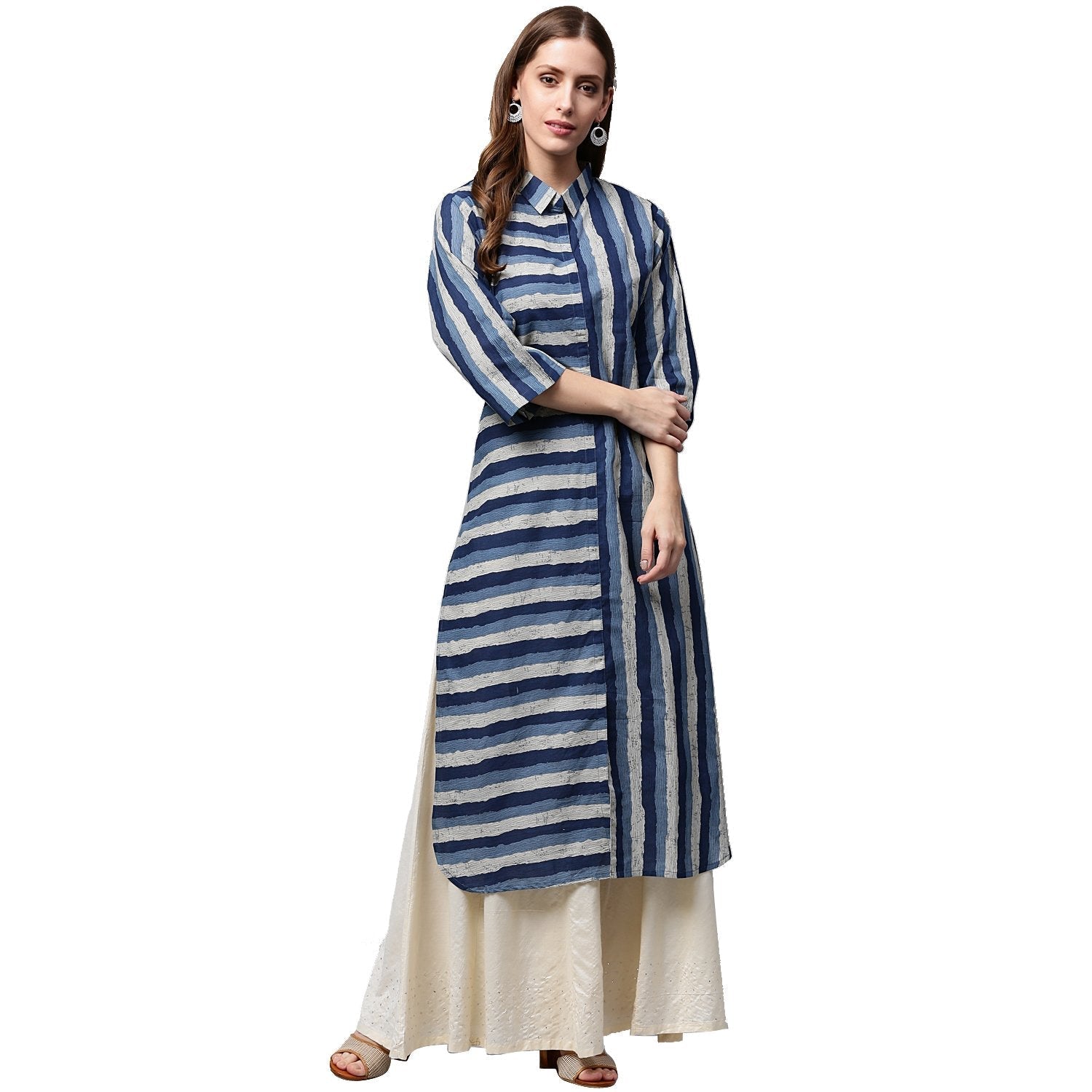 Blue Printed 3/4Th Sleeve Cotton Kurta | LASVINI - Redefining Indian Fashion with Elegance