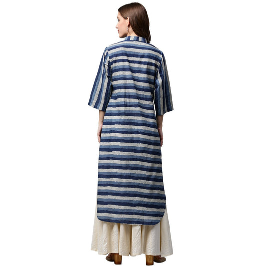 Blue Printed 3/4Th Sleeve Cotton Kurta | LASVINI - Redefining Indian Fashion with Elegance