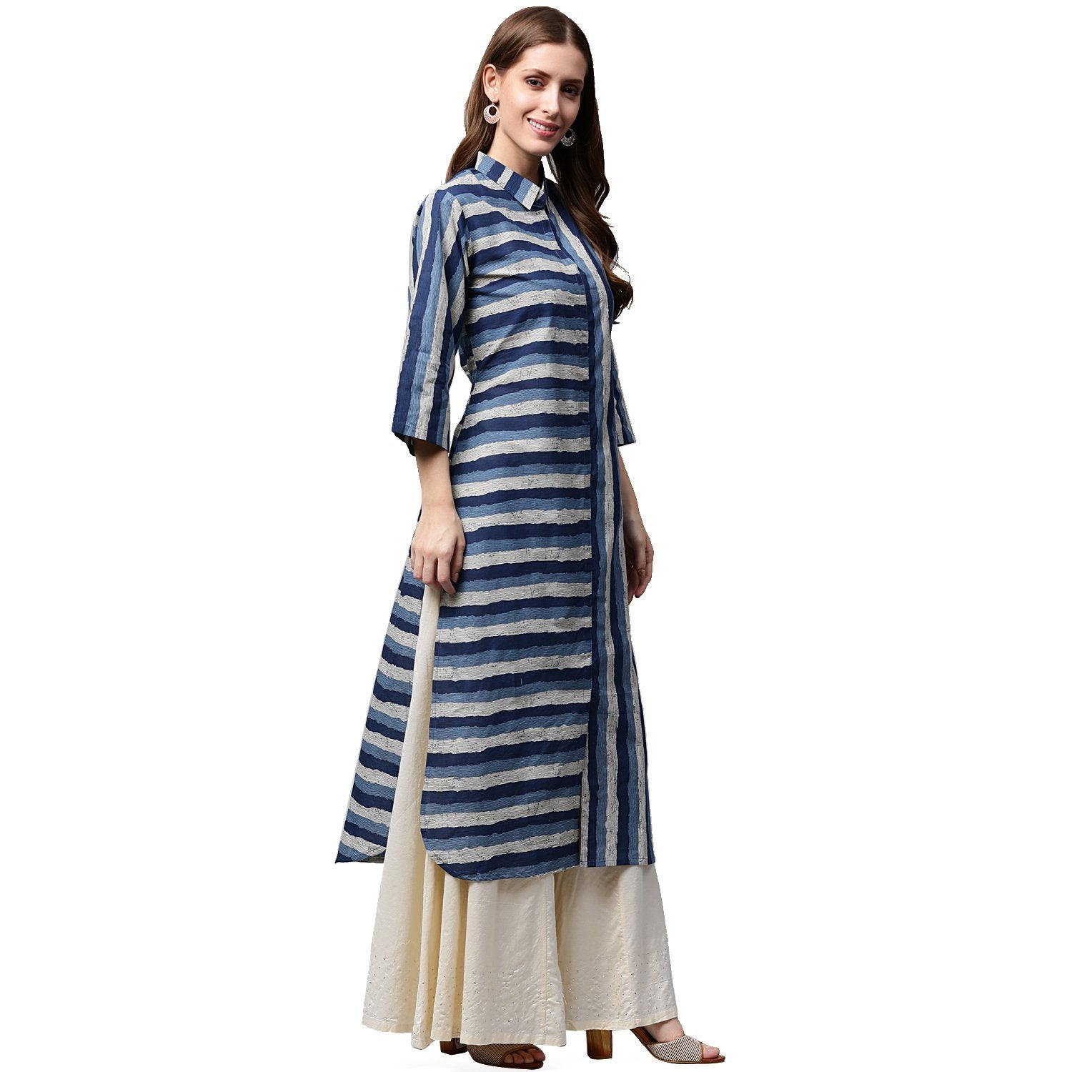 Blue Printed 3/4Th Sleeve Cotton Kurta | LASVINI - Redefining Indian Fashion with Elegance