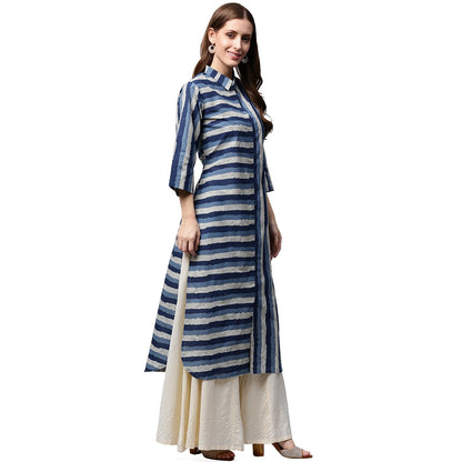 Blue Printed 3/4Th Sleeve Cotton Kurta | LASVINI - Redefining Indian Fashion with Elegance