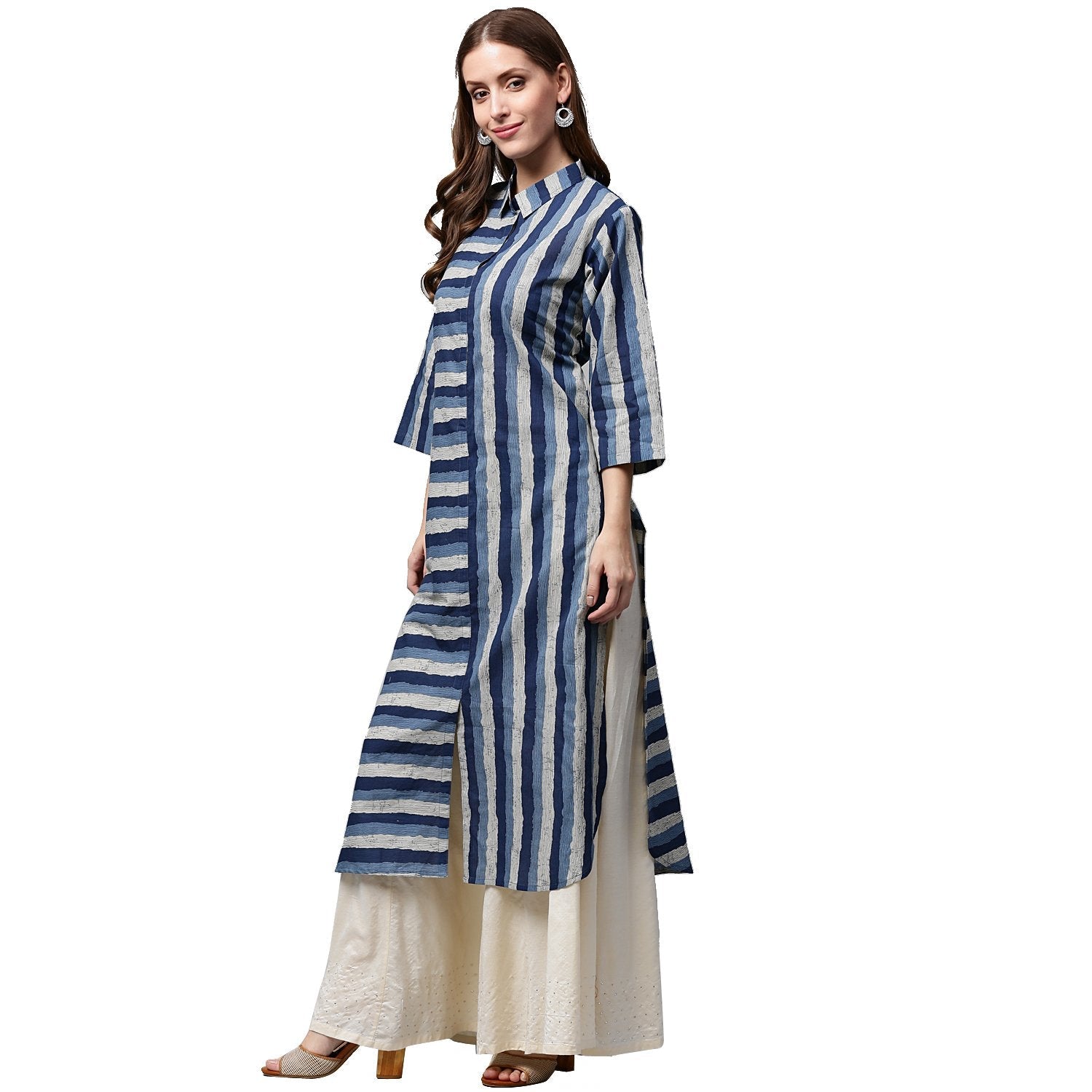 Blue Printed 3/4Th Sleeve Cotton Kurta | LASVINI - Redefining Indian Fashion with Elegance
