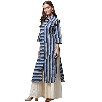 Blue Printed 3/4Th Sleeve Cotton Kurta | LASVINI - Redefining Indian Fashion with Elegance