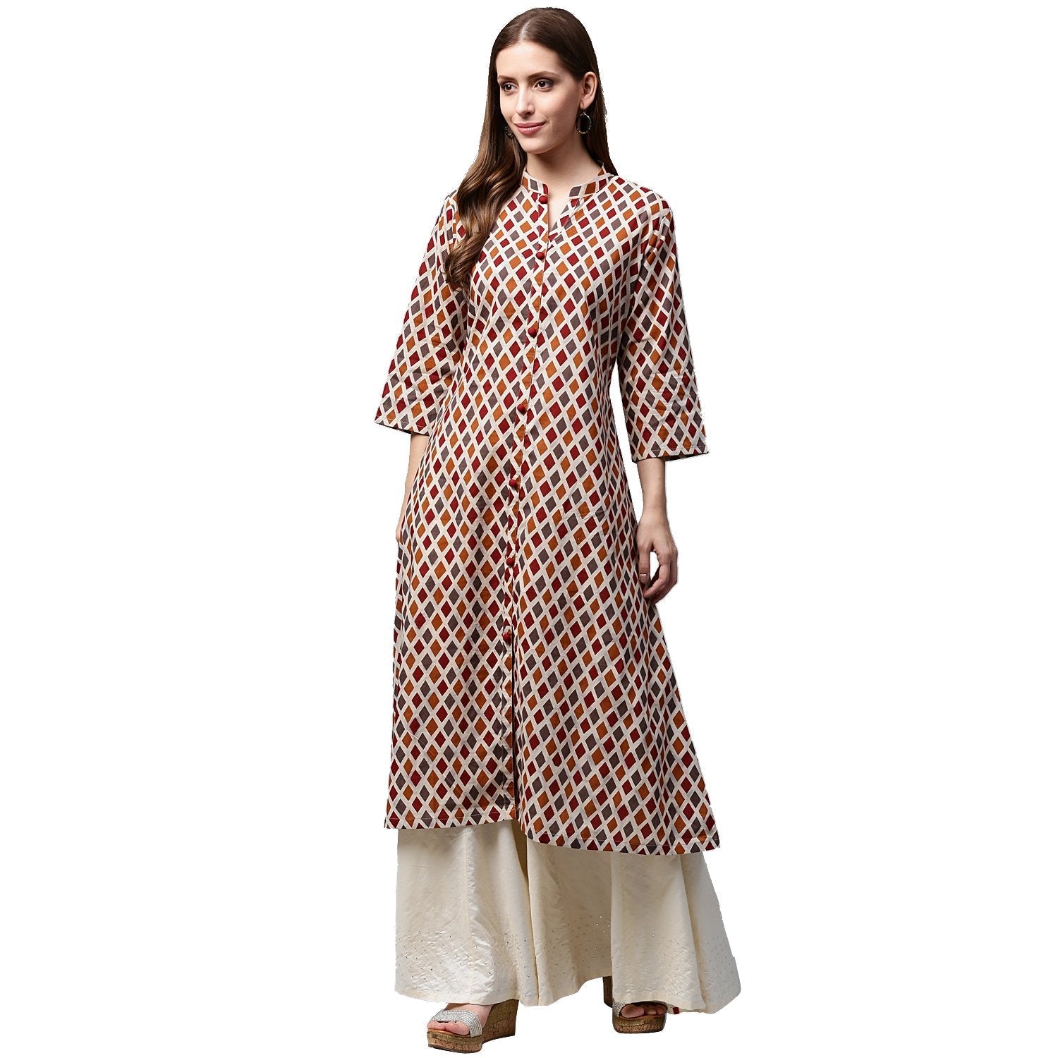 Multi Printed 3/4Th Sleeve Cotton A-Line Kurta | LASVINI - Redefining Indian Fashion with Elegance