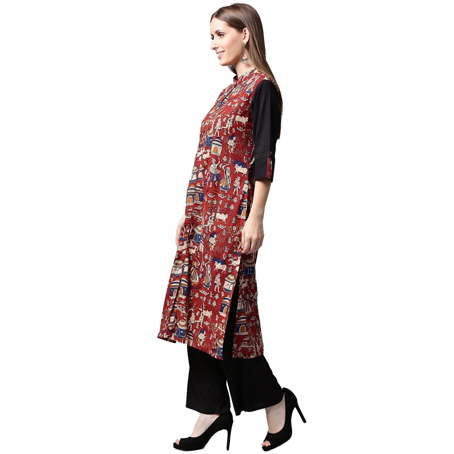 Red Printed 3/4Th Sleeve Cotton Kurta | LASVINI - Redefining Indian Fashion with Elegance