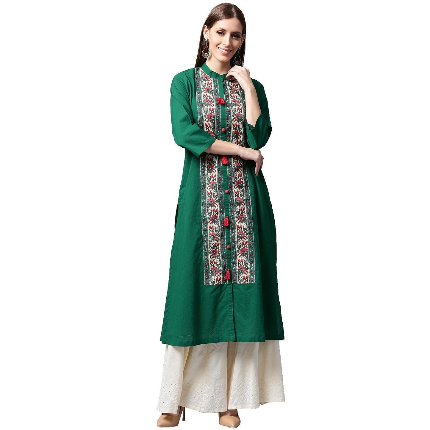 Green Printed 3/4Th Sleeve Cotton Kurta | LASVINI - Redefining Indian Fashion with Elegance