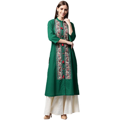 Green Printed 3/4Th Sleeve Cotton Kurta | LASVINI - Redefining Indian Fashion with Elegance