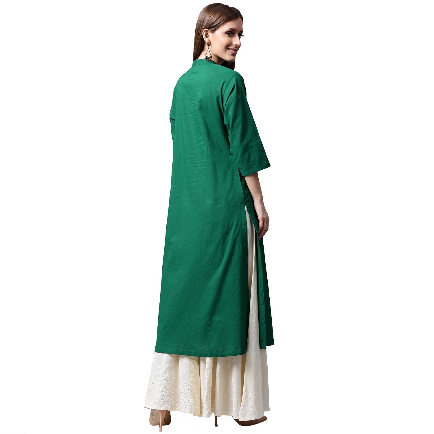 Green Printed 3/4Th Sleeve Cotton Kurta | LASVINI - Redefining Indian Fashion with Elegance