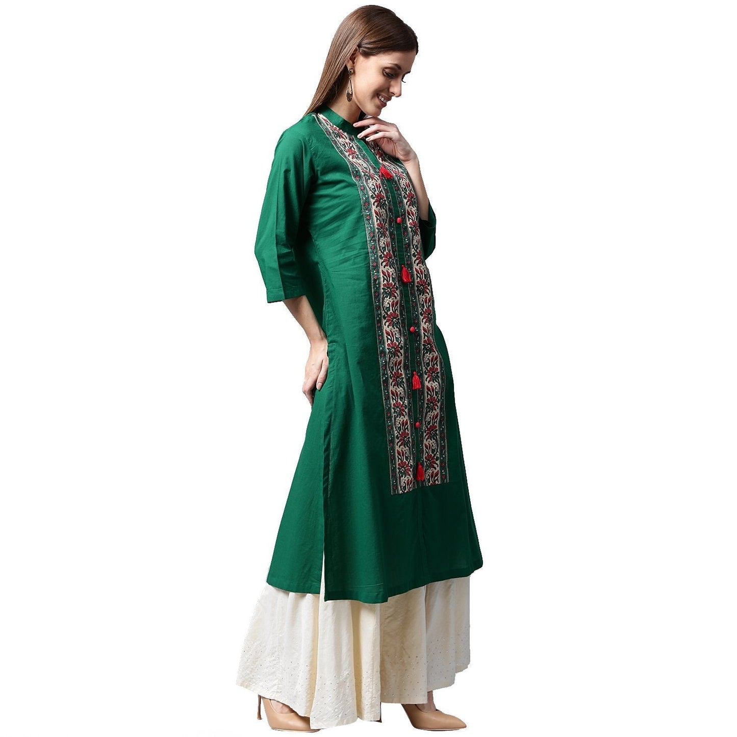 Green Printed 3/4Th Sleeve Cotton Kurta | LASVINI - Redefining Indian Fashion with Elegance