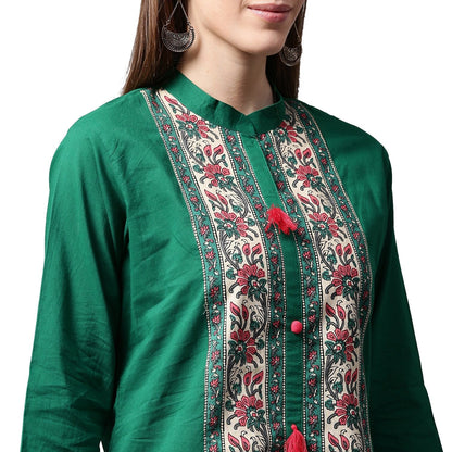 Green Printed 3/4Th Sleeve Cotton Kurta | LASVINI - Redefining Indian Fashion with Elegance