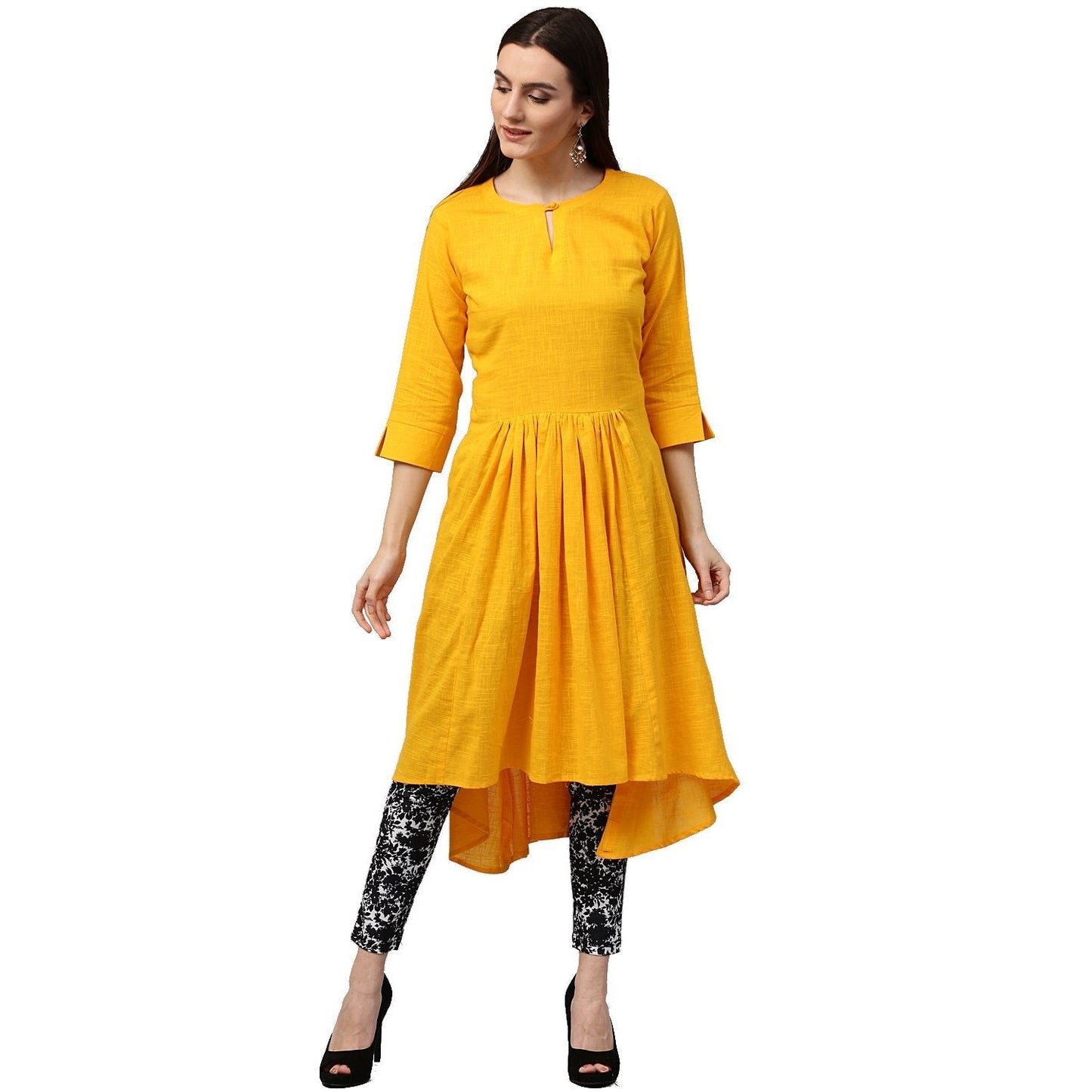 Yellow 3/4Th Sleeve Cotton Slub Assymetrical Anarkali Kurta | LASVINI - Redefining Indian Fashion with Elegance