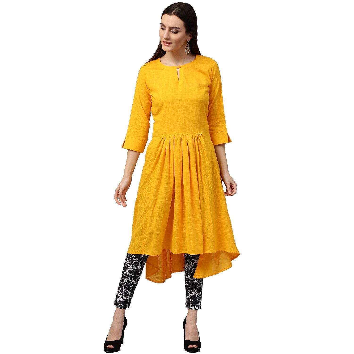 Yellow 3/4Th Sleeve Cotton Slub Assymetrical Anarkali Kurta | LASVINI - Redefining Indian Fashion with Elegance
