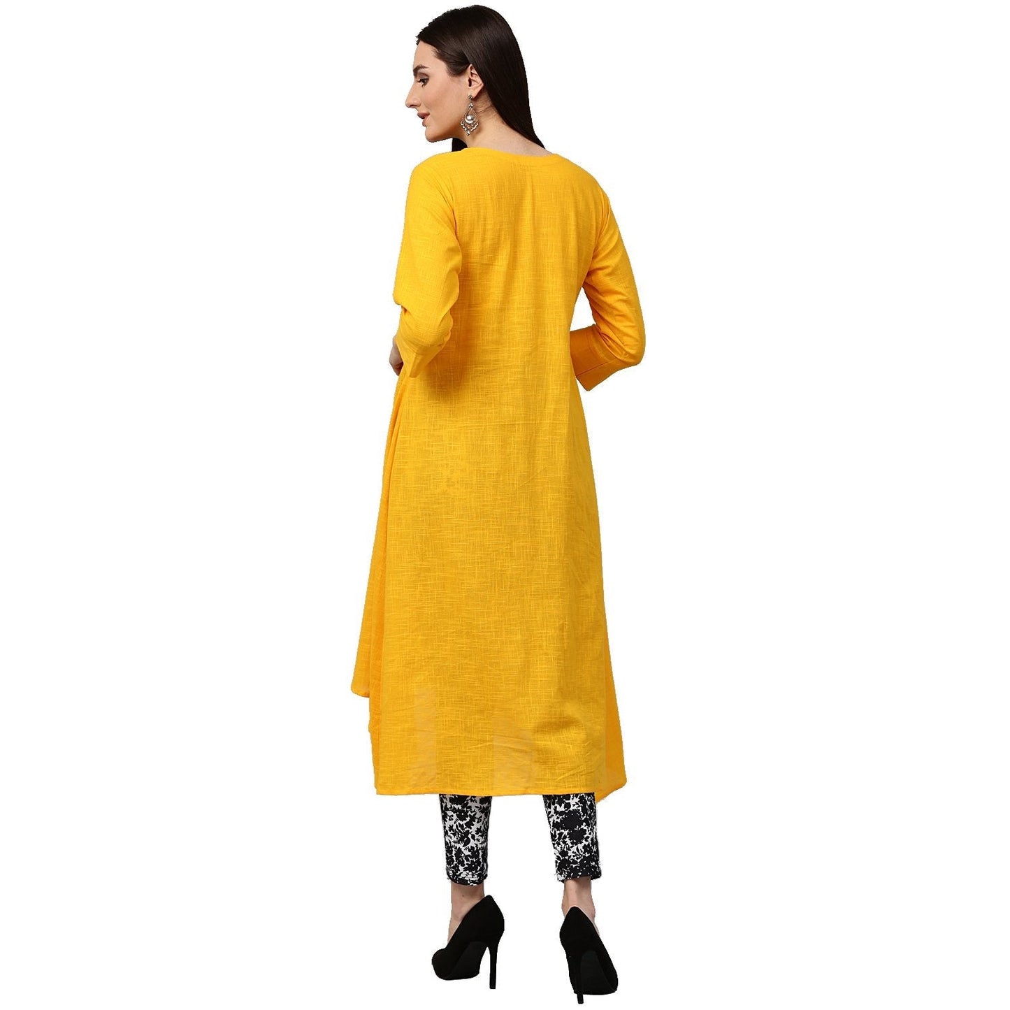 Yellow 3/4Th Sleeve Cotton Slub Assymetrical Anarkali Kurta | LASVINI - Redefining Indian Fashion with Elegance