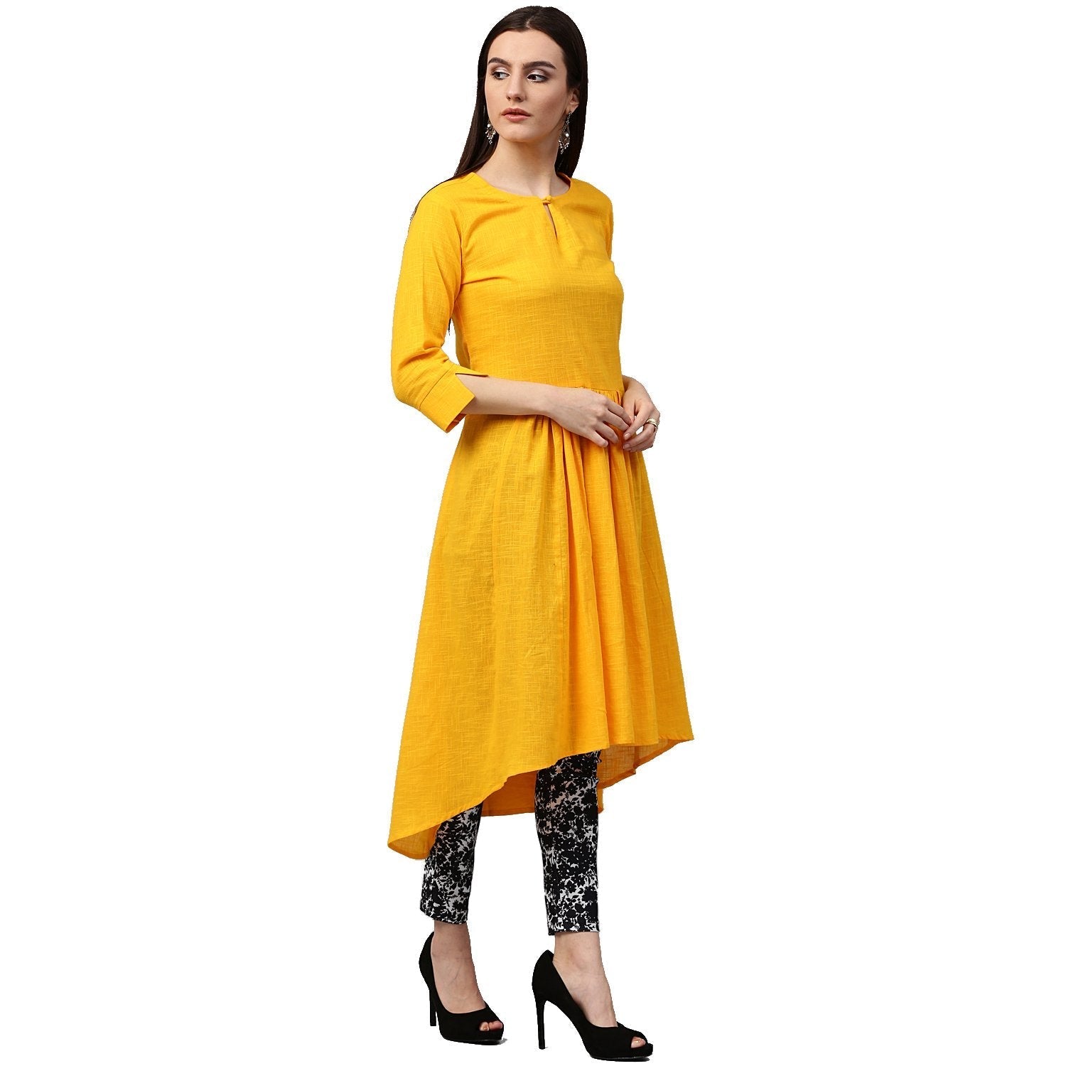Yellow 3/4Th Sleeve Cotton Slub Assymetrical Anarkali Kurta | LASVINI - Redefining Indian Fashion with Elegance
