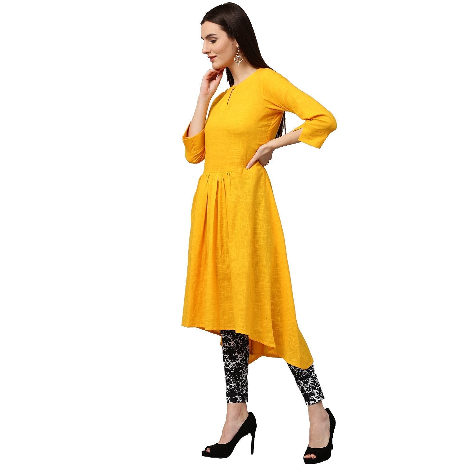 Yellow 3/4Th Sleeve Cotton Slub Assymetrical Anarkali Kurta | LASVINI - Redefining Indian Fashion with Elegance
