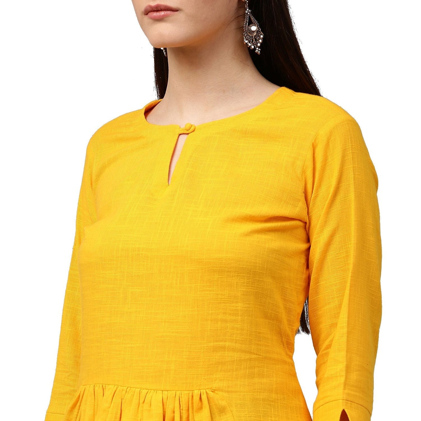 Yellow 3/4Th Sleeve Cotton Slub Assymetrical Anarkali Kurta | LASVINI - Redefining Indian Fashion with Elegance
