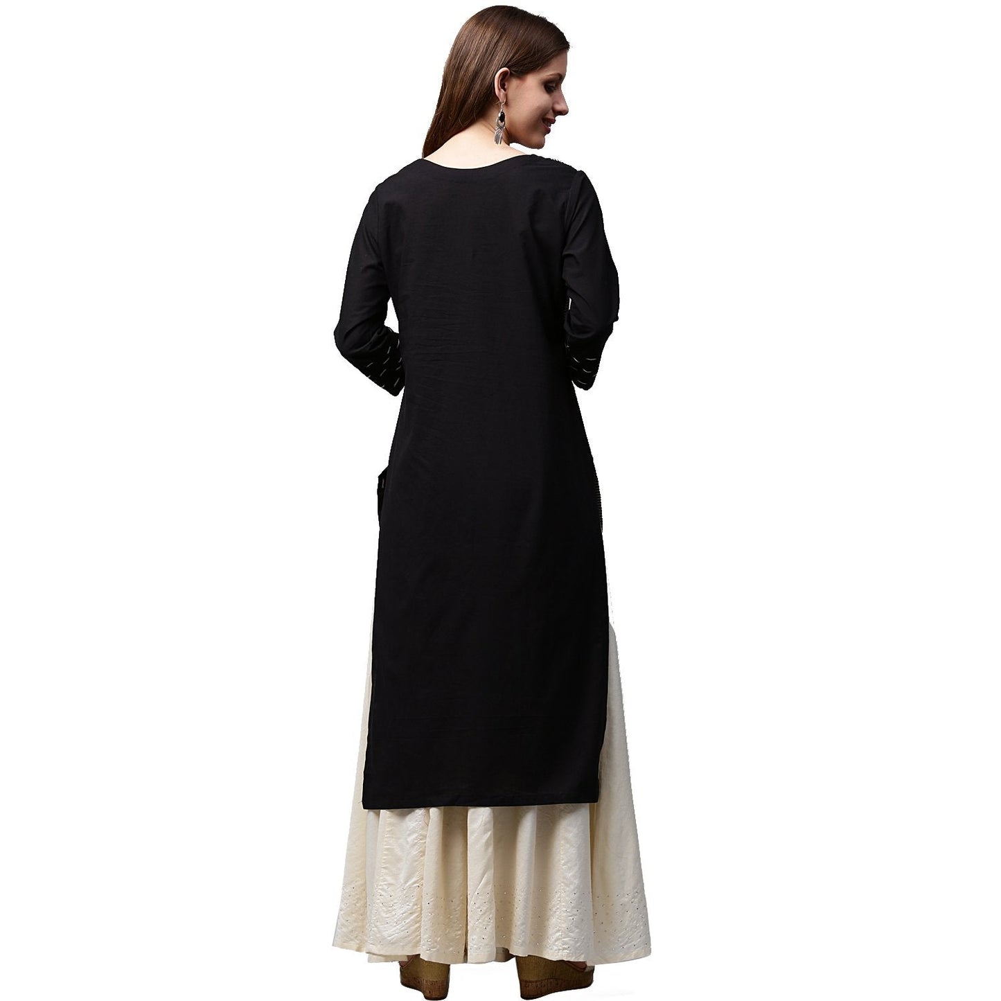 Black Printed 3/4Th Sleeve Cotton Kurta | LASVINI - Redefining Indian Fashion with Elegance